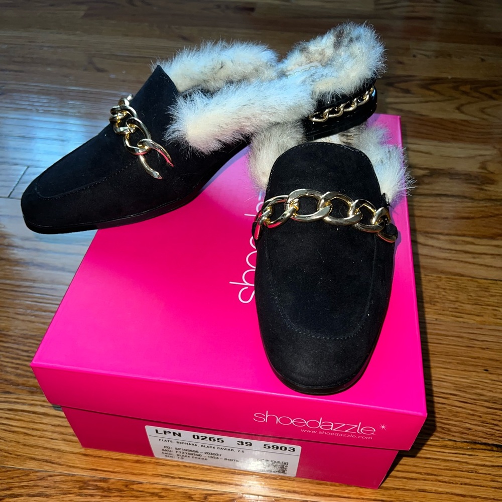 Fluffy Black Loafer Slides